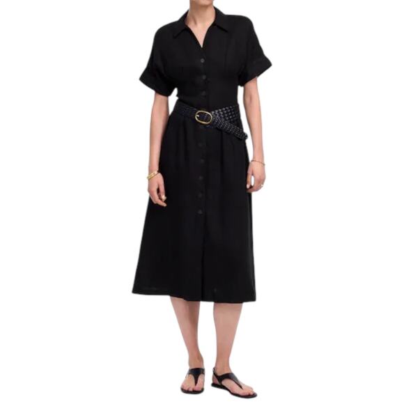 Madewell Pleated Midi Button Down Shirtdress Jet Black 100% Linen Womens Size XS - Picture 1 of 5